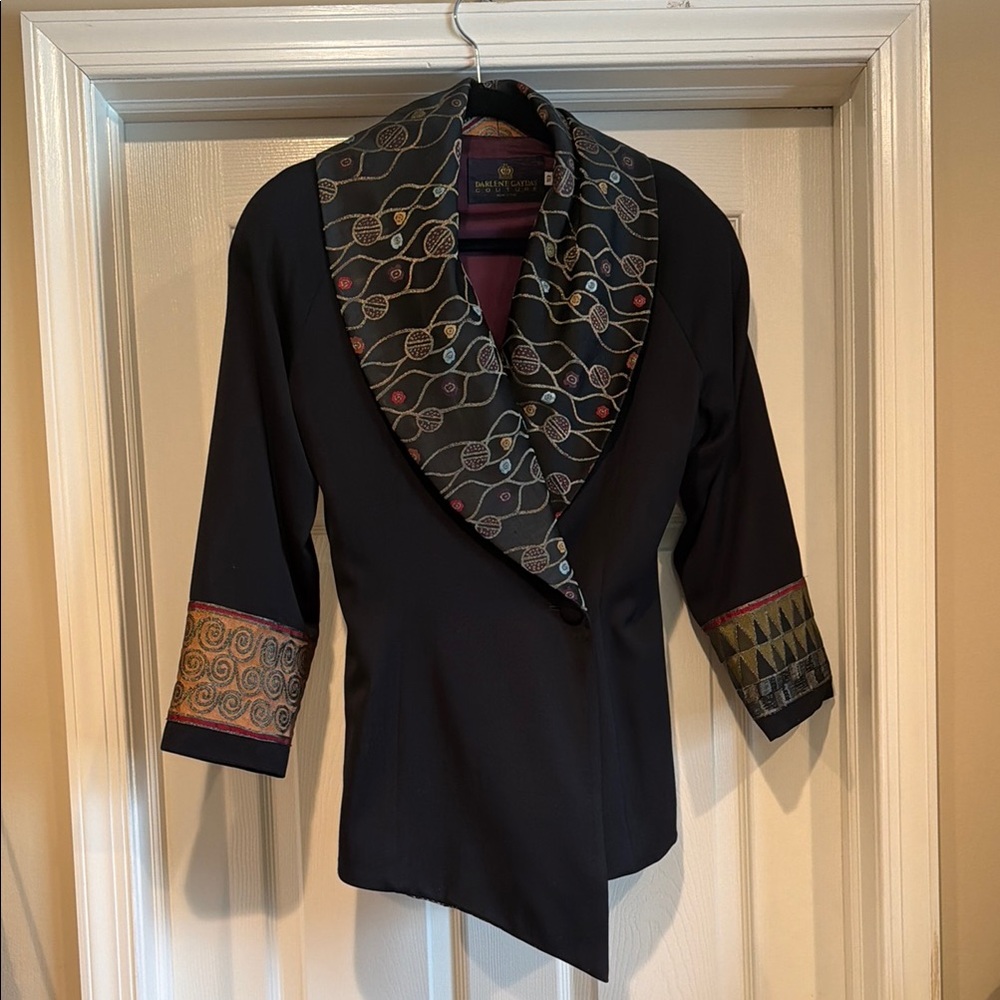 Couture Black Asymmetrical Blazer with brocade Collar and Cuffs